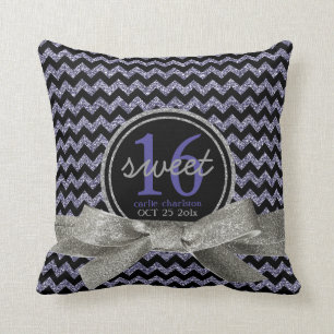 Glitzy Purple Chevron Personalized Sweet 16 Throw Pillow