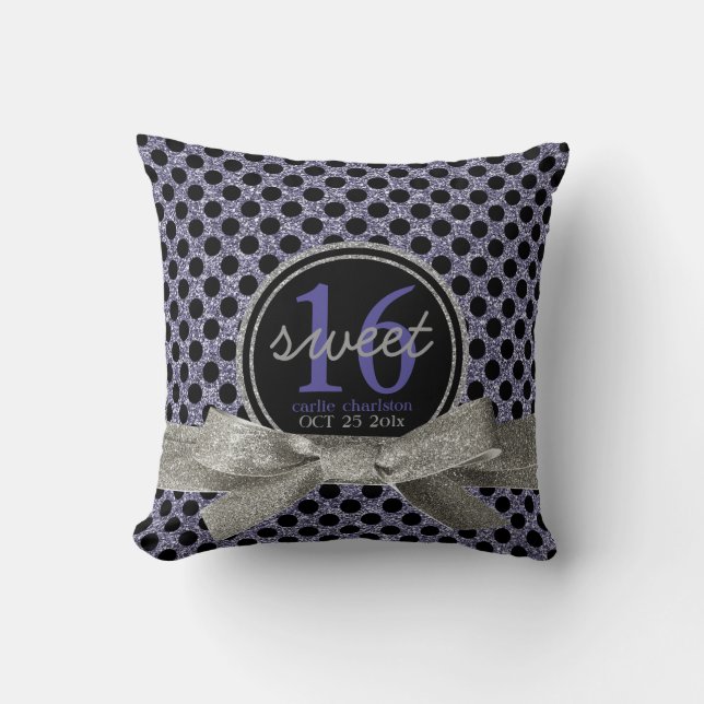 Glitzy Purple Polkadots Personalized Sweet 16 Throw Pillow (Front)
