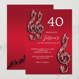 Glitzy Red Music Notes Birthday Invitation