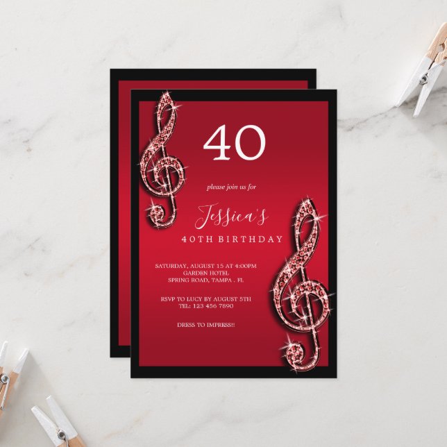 Glitzy Red Music Notes Birthday Invitation (Front/Back In Situ)