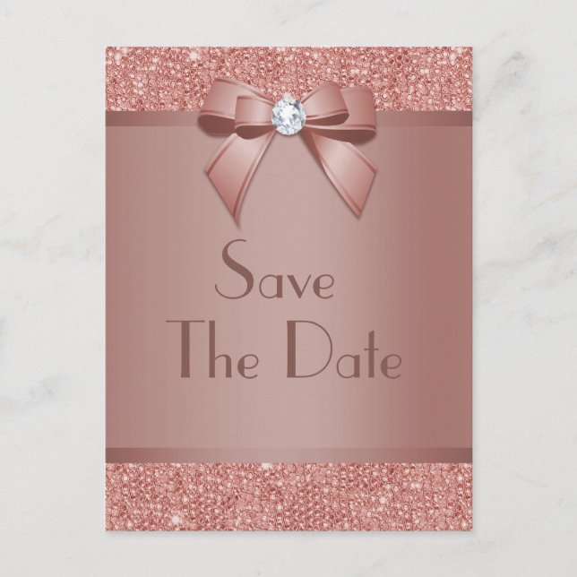 Glitzy Rose Gold Bow & Gem Birthday Party Announcement Postcard (Front)