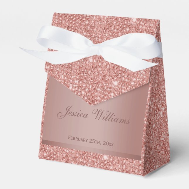 Glitzy Rose Gold Bow & Gem Birthday Party Favor Box (Front Side)