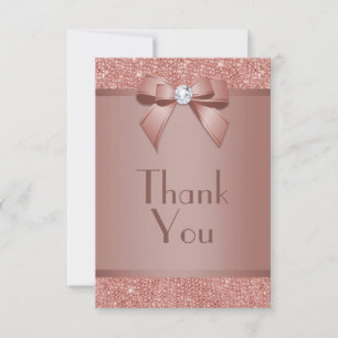 Glitzy Rose Gold Bow & Gem Birthday Party Thank You Card