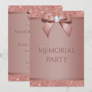 Glitzy Rose Gold Bow & Gem Memorial Party Invitation