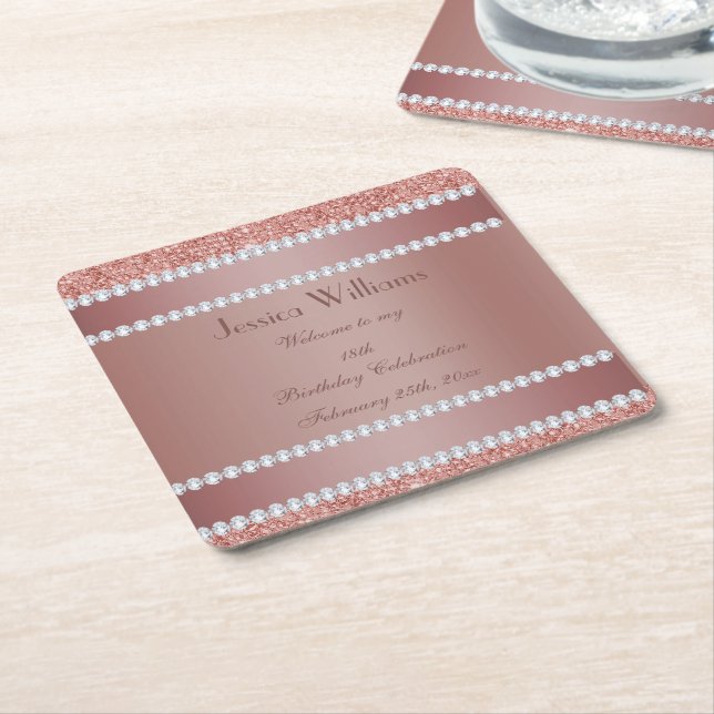 Glitzy Rose Gold & Diamond Gem Birthday Party Square Paper Coaster (Angled)