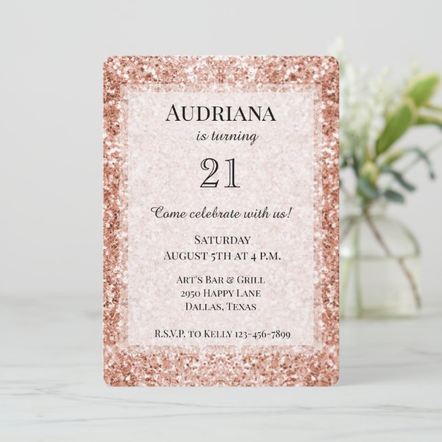 Glitzy Rose Gold Glitter Birthday Invitation (Standing Front)