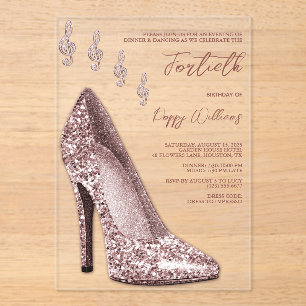 Glitzy Rose Gold Stiletto & Music Notes 40th Acrylic Invitations