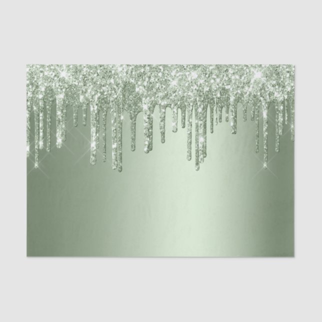 Glitzy Sage Green Sparkle Glitter Drips Birthday Tissue Paper (Front)