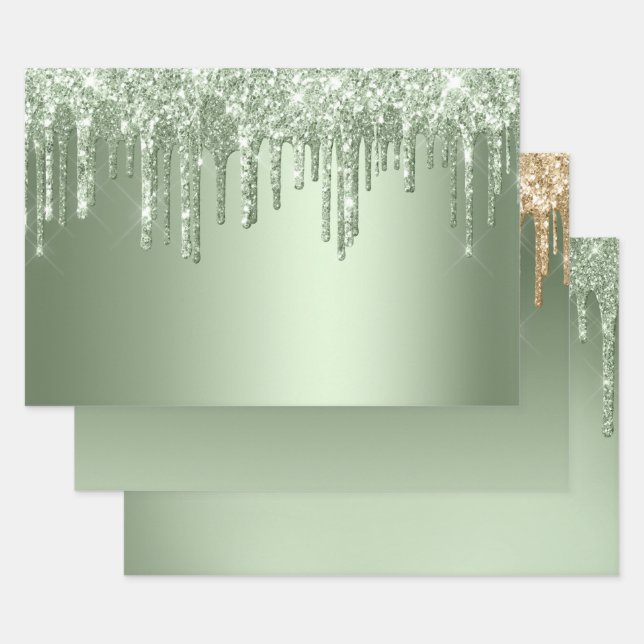 Glitzy Sage Green Sparkle Glitter Drips Birthday Wrapping Paper Sheet (Set)