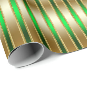 Glitzy Shiny Gold and Green Stripes Wrapping Paper