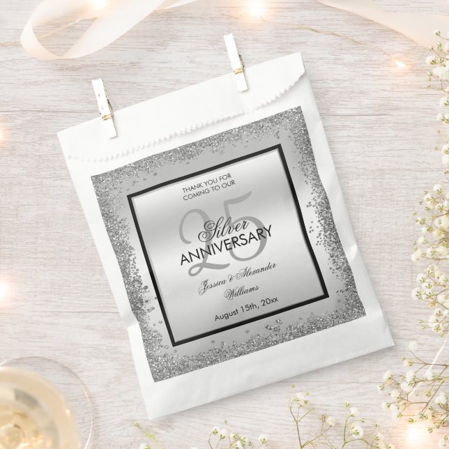 Glitzy Silver & Black 25th Wedding Anniversary  Favour Bag (Clipped)