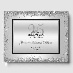 Glitzy Silver & Black 25th Wedding Anniversary Guest Book