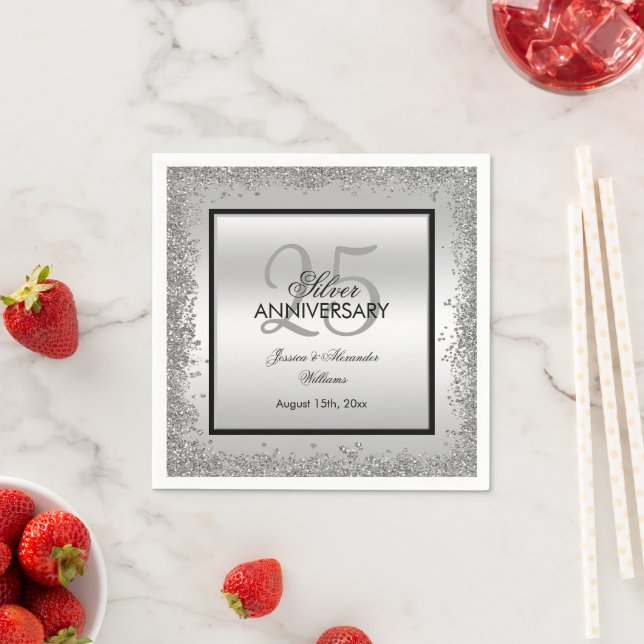 Glitzy Silver & Black 25th Wedding Anniversary Napkin (Insitu)