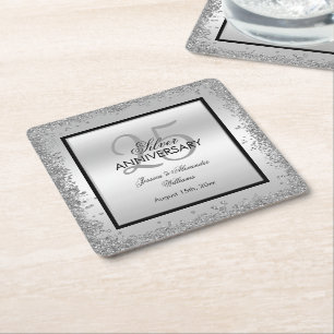 Glitzy Silver & Black 25th Wedding Anniversary Square Paper Coaster