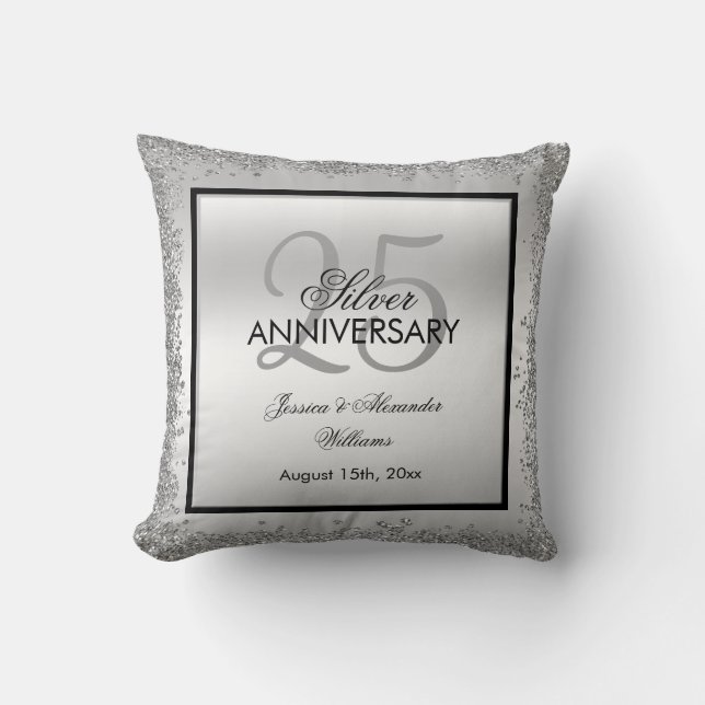 Glitzy Silver & Black 25th Wedding Anniversary  Throw Pillow (Front)