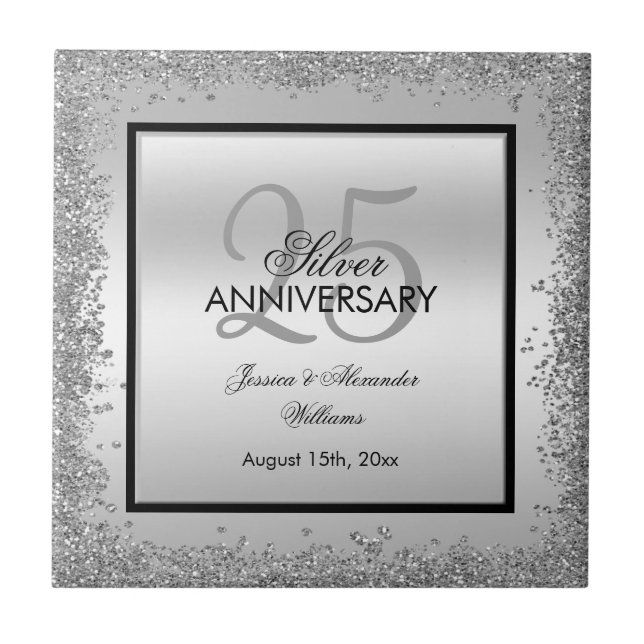 Glitzy Silver & Black 25th Wedding Anniversary   Tile (Front)