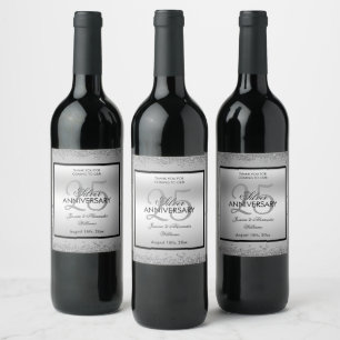 Glitzy Silver & Black 25th Wedding Anniversary   Wine Label