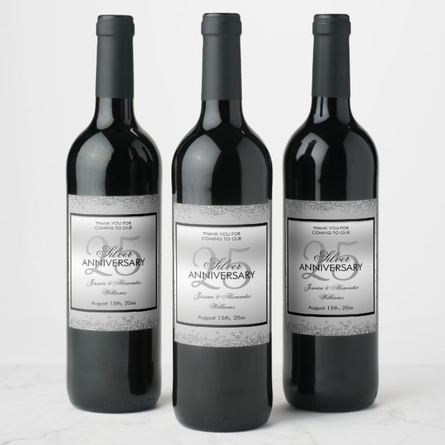 Glitzy Silver & Black 25th Wedding Anniversary   Wine Label (Bottles)