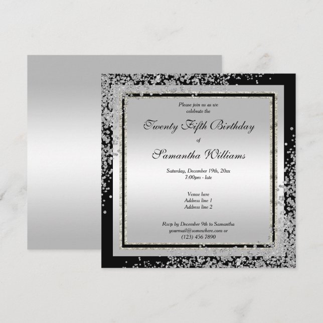 Glitzy Silver Confetti Corners 25th Birthday Invitation (Front/Back)