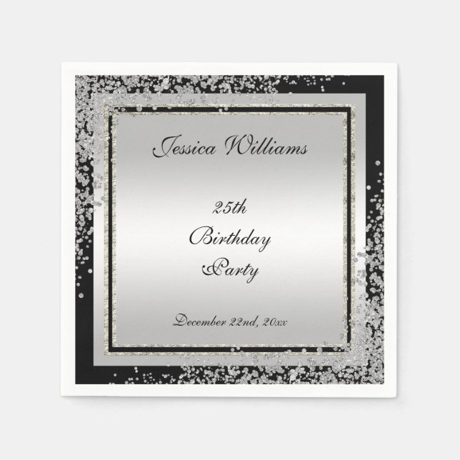 Glitzy Silver Confetti Corners 25th Birthday Napkin (Front)