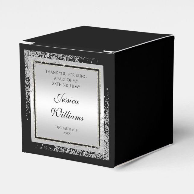 Glitzy Silver Confetti Corners Birthday Favor Box (Front Side)