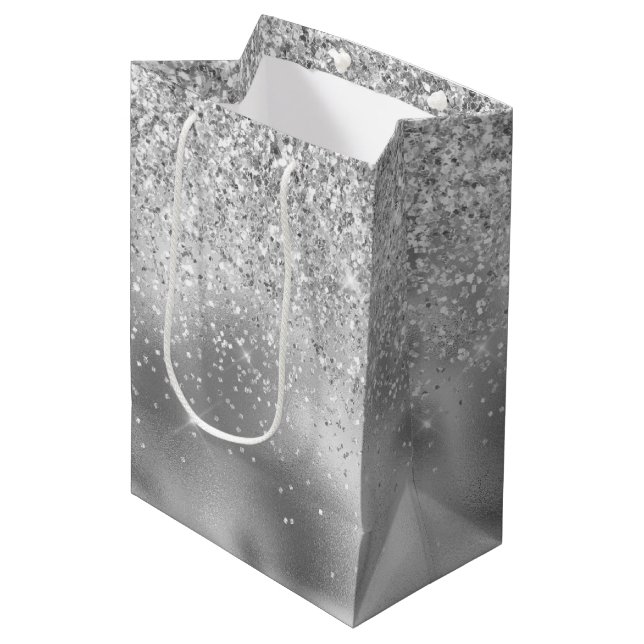 Glitzy Silver Glam Sparkle Glitter   Medium Gift Bag (Front Angled)