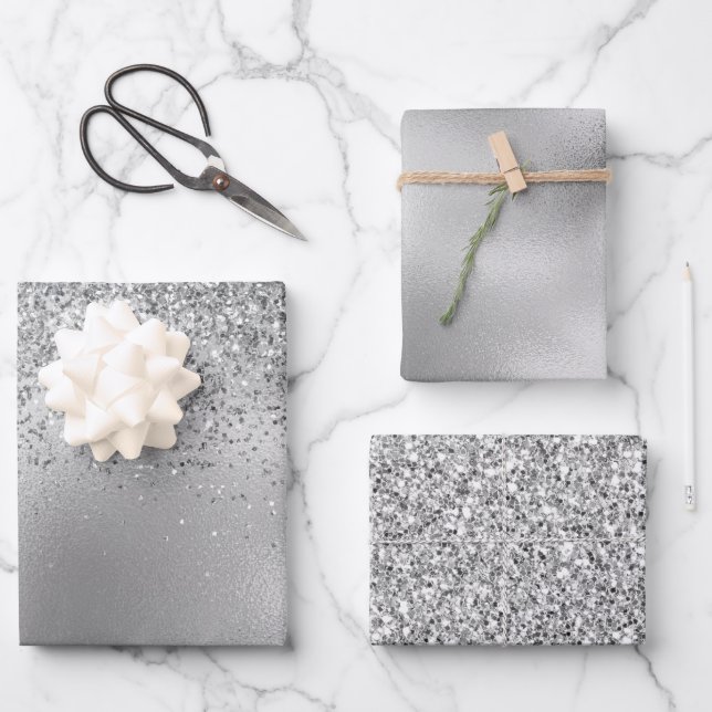 Glitzy Silver Glam Sparkle Glitter Wrapping Paper Sheet (Front)