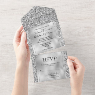 Glitzy Silver Glitter   All In One Invitation