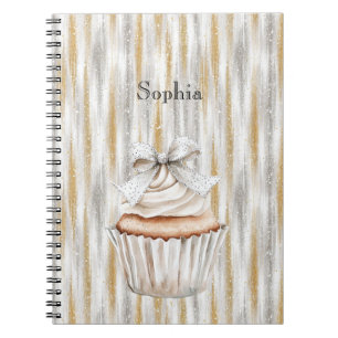 Glitzy Silver Gold Stripes White Cupcake Bow   Notebook