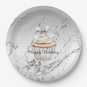 Glitzy Silver White Cupcake Bow Birthday Paper Plate