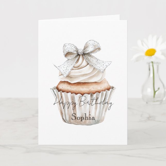 Glitzy Silver White Cupcakes Bow Birthday Card (Small Plant)