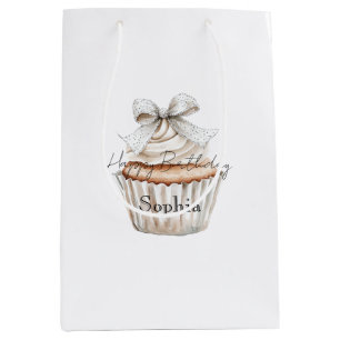 Glitzy Silver White Cupcakes Bow Birthday Medium Gift Bag