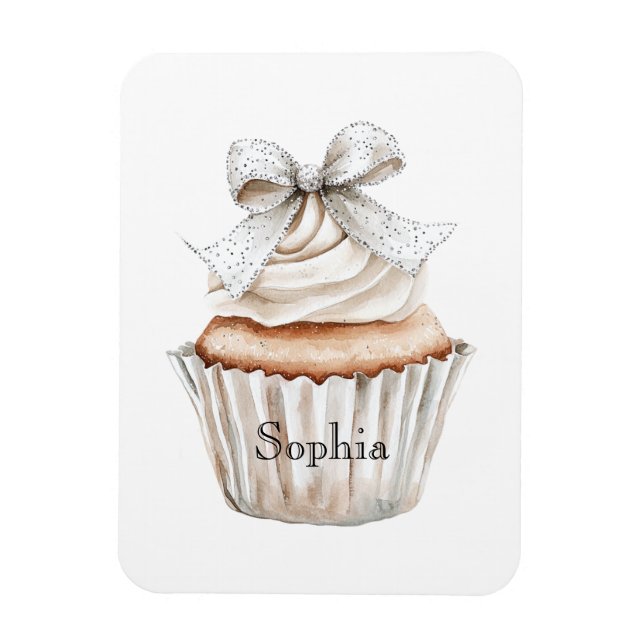 Glitzy Silver White Cupcakes Bow   Magnet (Vertical)