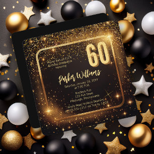 Glitzy Sparkles Stars Gold 60th Birthday Party Invitation