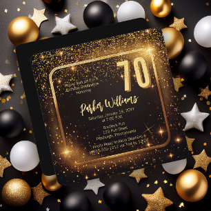 Glitzy Sparkles   Stars Gold 70th Birthday Party Invitation