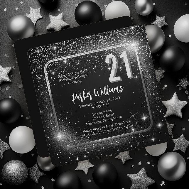 Glitzy Sparkles | Stars Silver 21st Birthday Party Invitation (Glitzy Sparkles Black and Silver Tone Modern Elegant 21st Birthday Party Square Invitation )