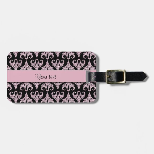 Glitzy Sparkly Pink Glitter Damask Luggage Tag (Front Horizontal)