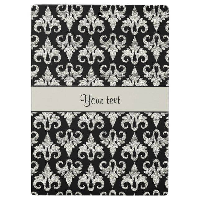 Glitzy Sparkly Silver Glitter Damask Clipboard (Back)