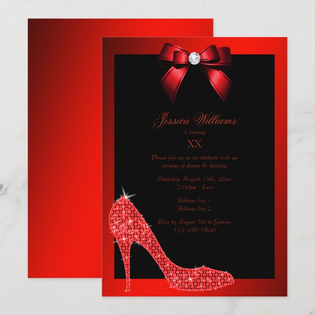 Glitzy Sparkly Stiletto, Red Bow Birthday Party Invitation (Front/Back)