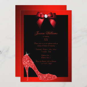 Glitzy Sparkly Stiletto, Red Bow Birthday Party Invitation
