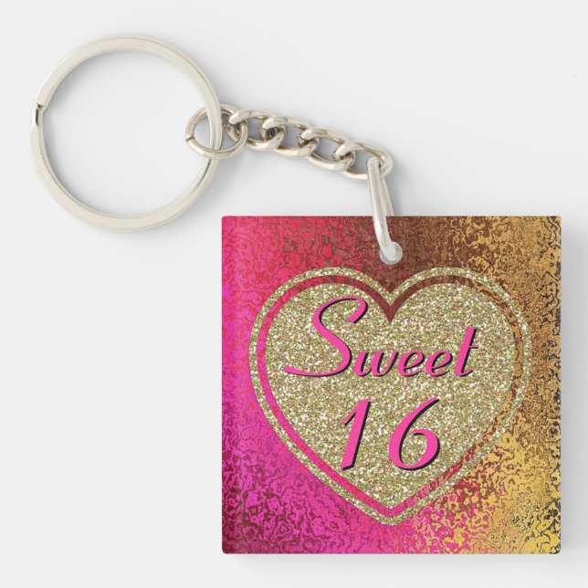 Glitzy Sweet 16 Pink & Gold Custom Keychain (Front)