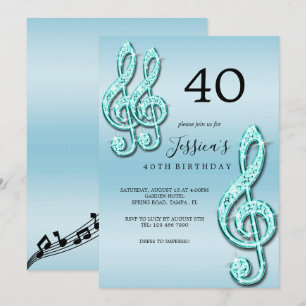 Glitzy Teal Music Notes Birthday Invitation