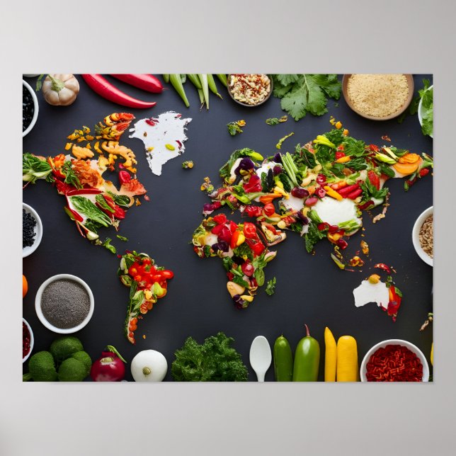 Global Cuisines Map: Top View of World Map Poster (Front)