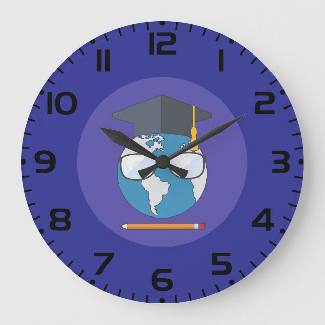 Global Education Graduation Cap Earth Smart Planet Large Clock (Front)
