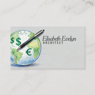 Global Finance: Pen and Currency Symbols on Earth Business Card