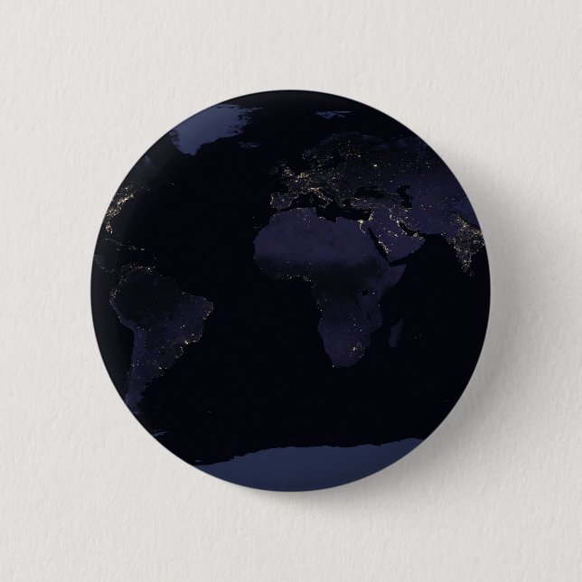 Global Map Earth's City Lights At Night. 2 Inch Round Button (Front)