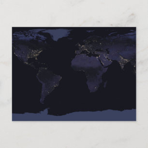 Global Map Earth's City Lights At Night. Postcard
