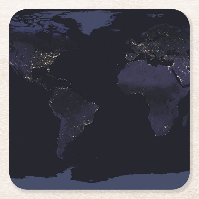 Global Map Earth's City Lights At Night. Square Paper Coaster (Front)
