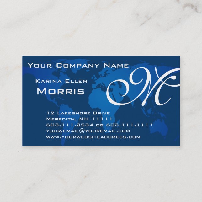 Global Professional Elegant Deep Blue World Map Business Card (Front)