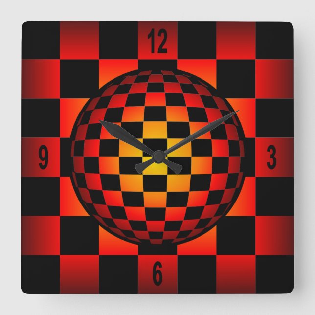 Globe Chess ~ Checkerboard ~ Black & Fire Color ~ Square Wall Clock (Front)